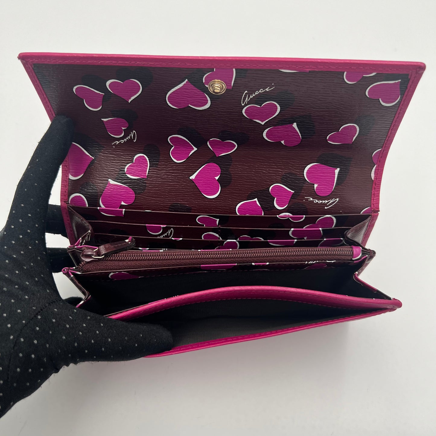 Gucci Magenta Pink Leather Interlocking GG Heart Flap Long Wallet
