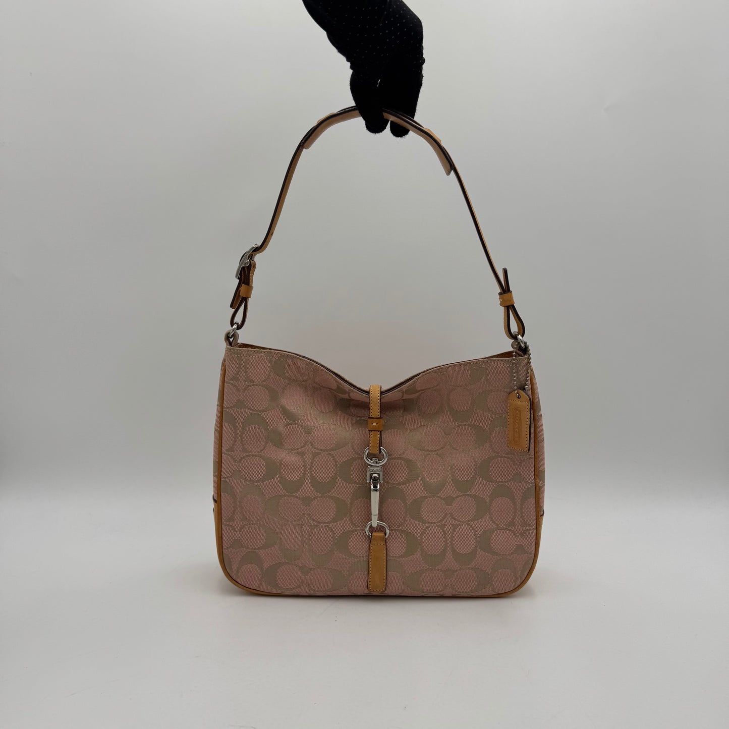 Coach Pink Signature Canvas and Brown Leather Hampton Clip Hobo Bag