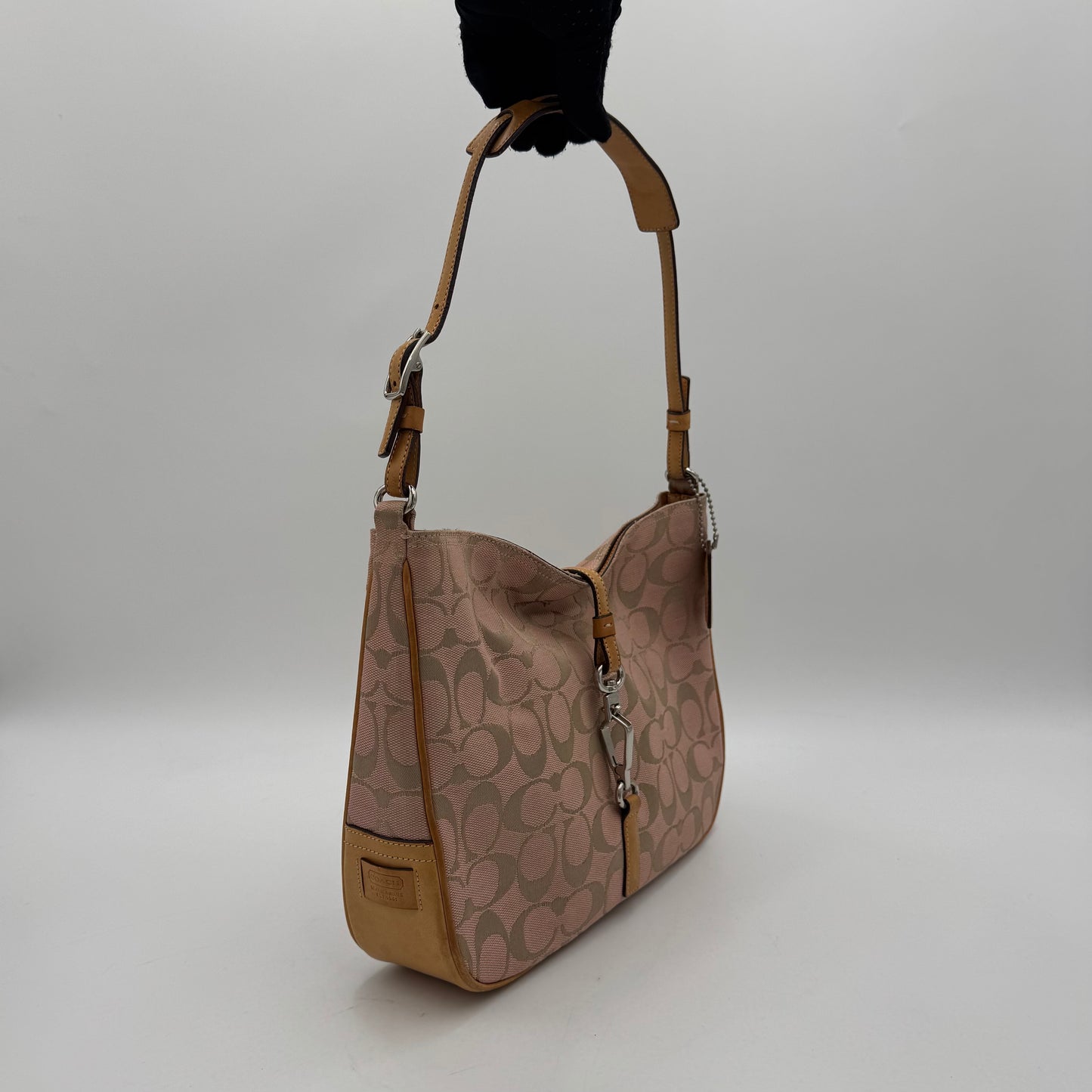Coach Pink Signature Canvas and Brown Leather Hampton Clip Hobo Bag