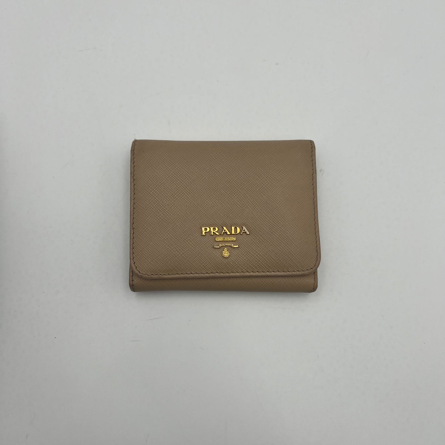 Prada Beige Saffiano Trifold Compact Wallet GHW