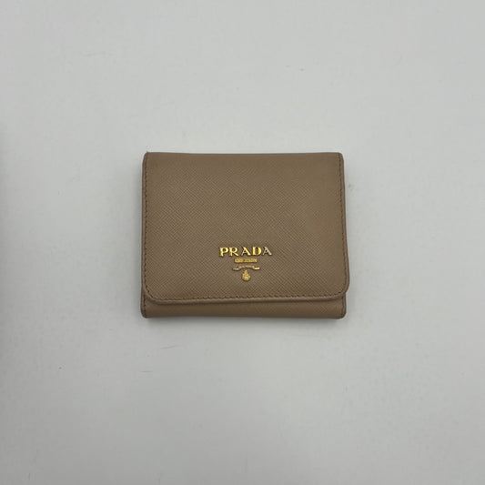 Prada Beige Saffiano Trifold Compact Wallet GHW