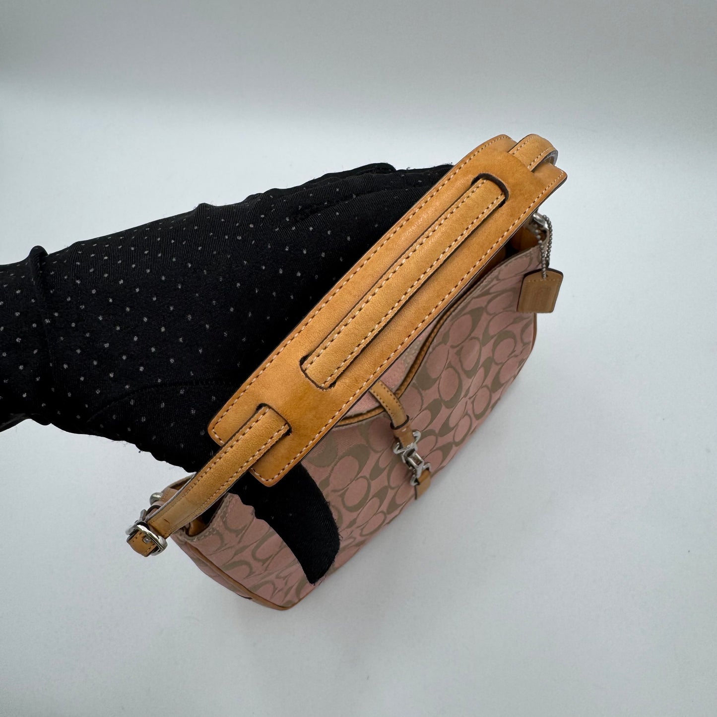 Coach Pink Signature Canvas and Brown Leather Hampton Clip Hobo Bag