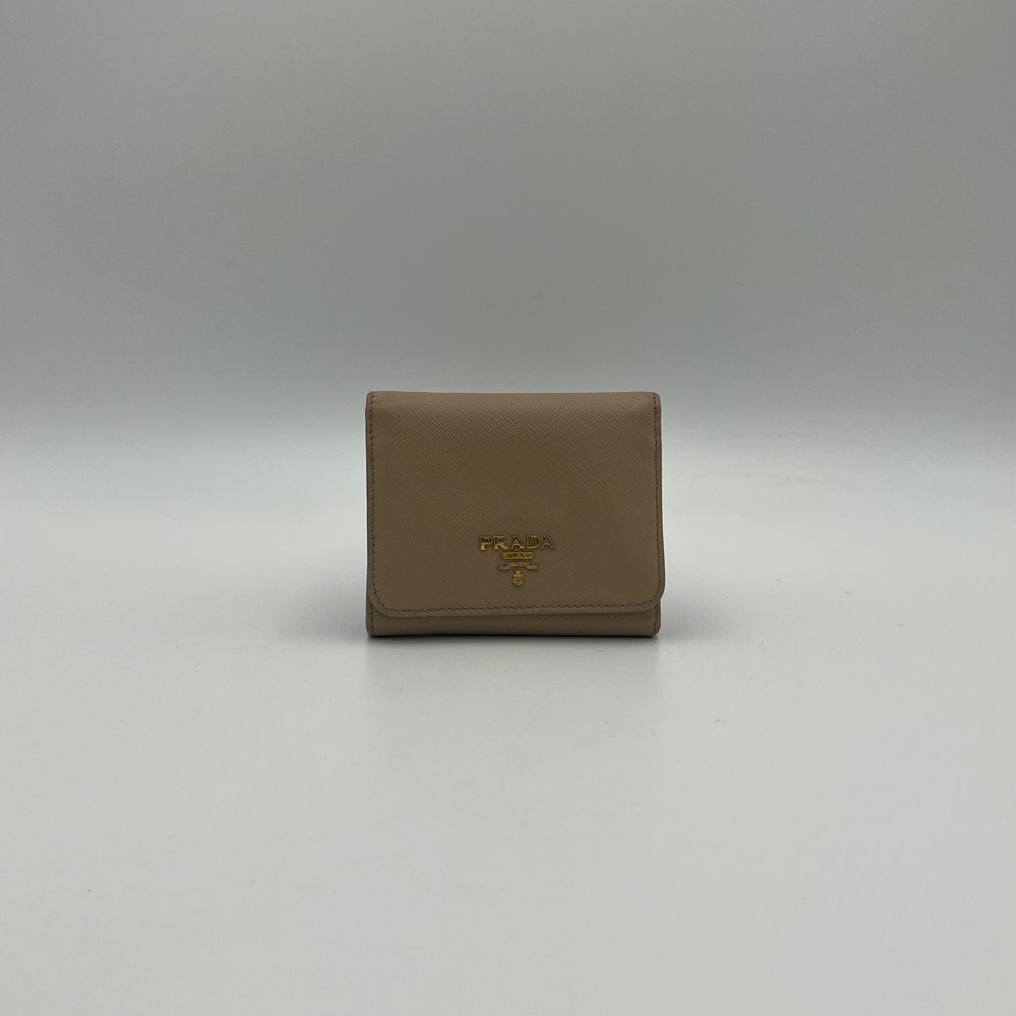 Prada Beige Saffiano Trifold Compact Wallet GHW
