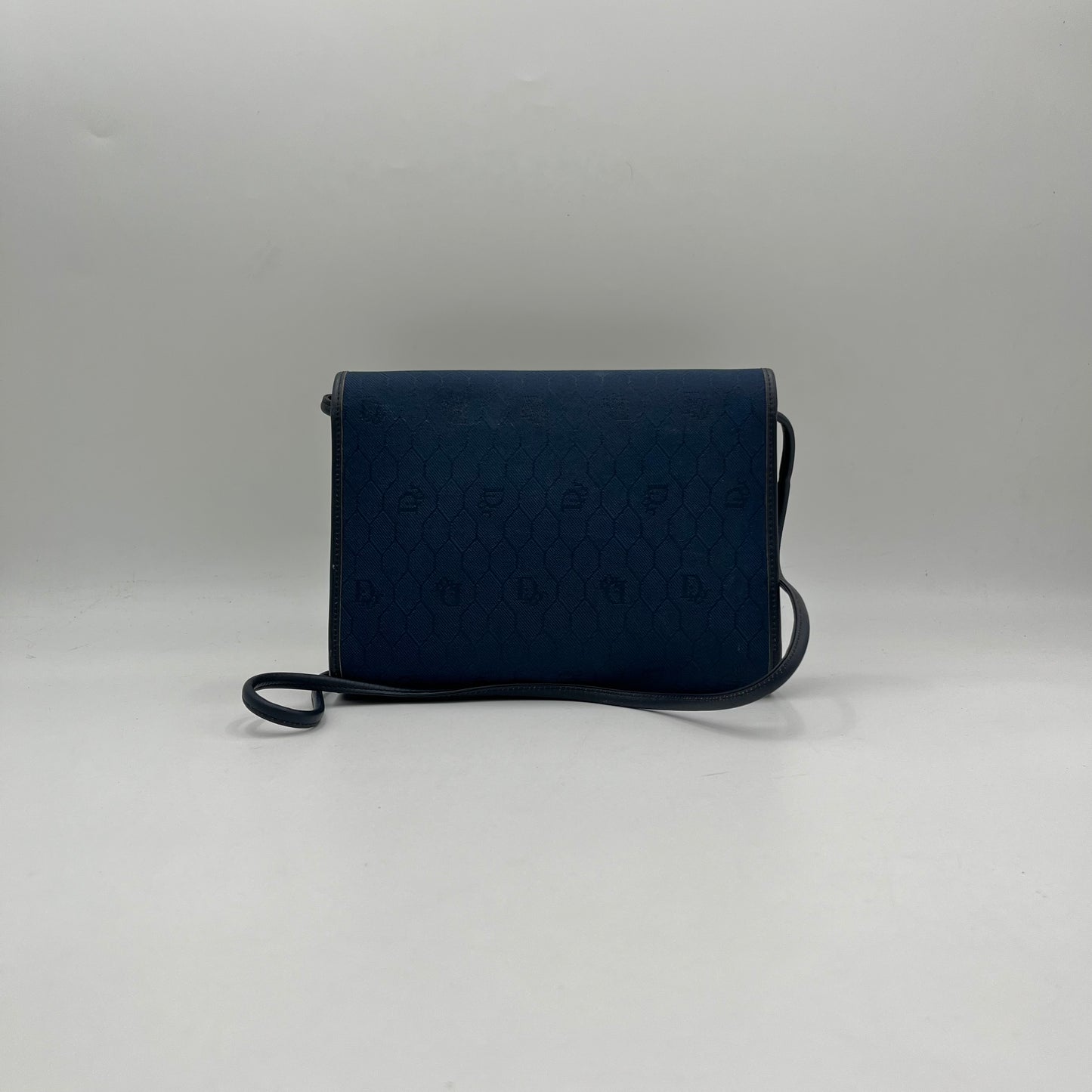 Christian Dior Dark Blue Honeycomb Canvas Black Leather Flap Crossbody