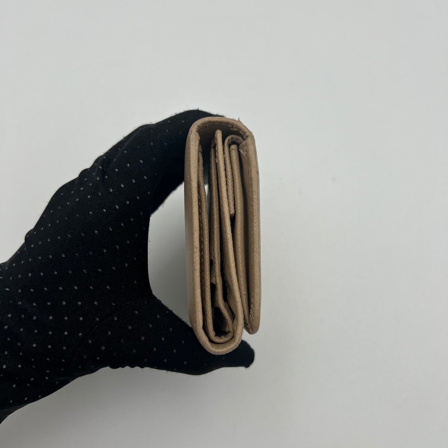 Prada Beige Saffiano Trifold Compact Wallet GHW