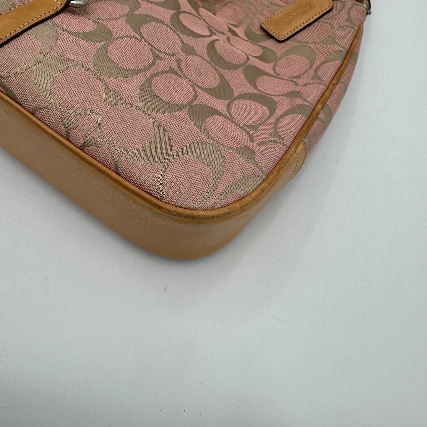 Coach Pink Signature Canvas and Brown Leather Hampton Clip Hobo Bag