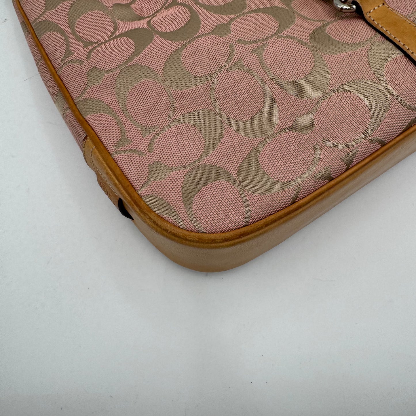 Coach Pink Signature Canvas and Brown Leather Hampton Clip Hobo Bag