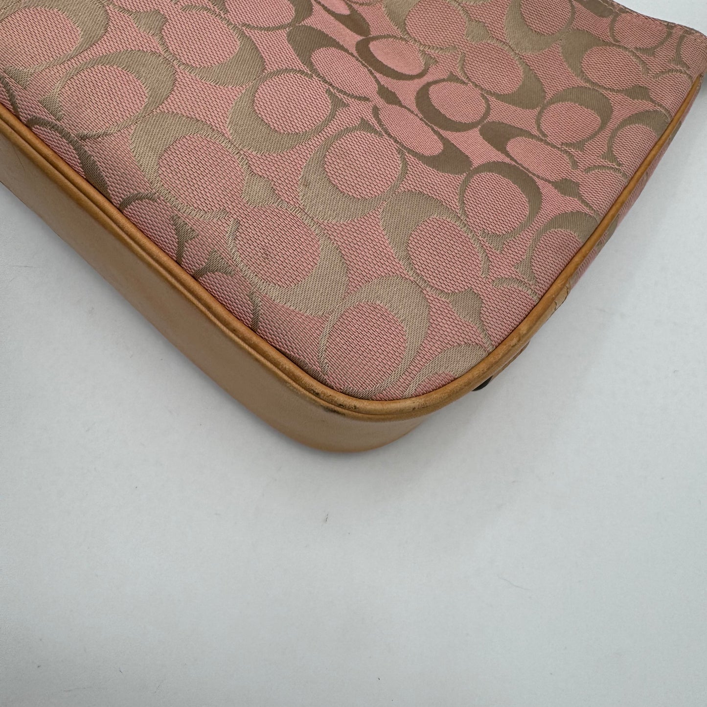 Coach Pink Signature Canvas and Brown Leather Hampton Clip Hobo Bag