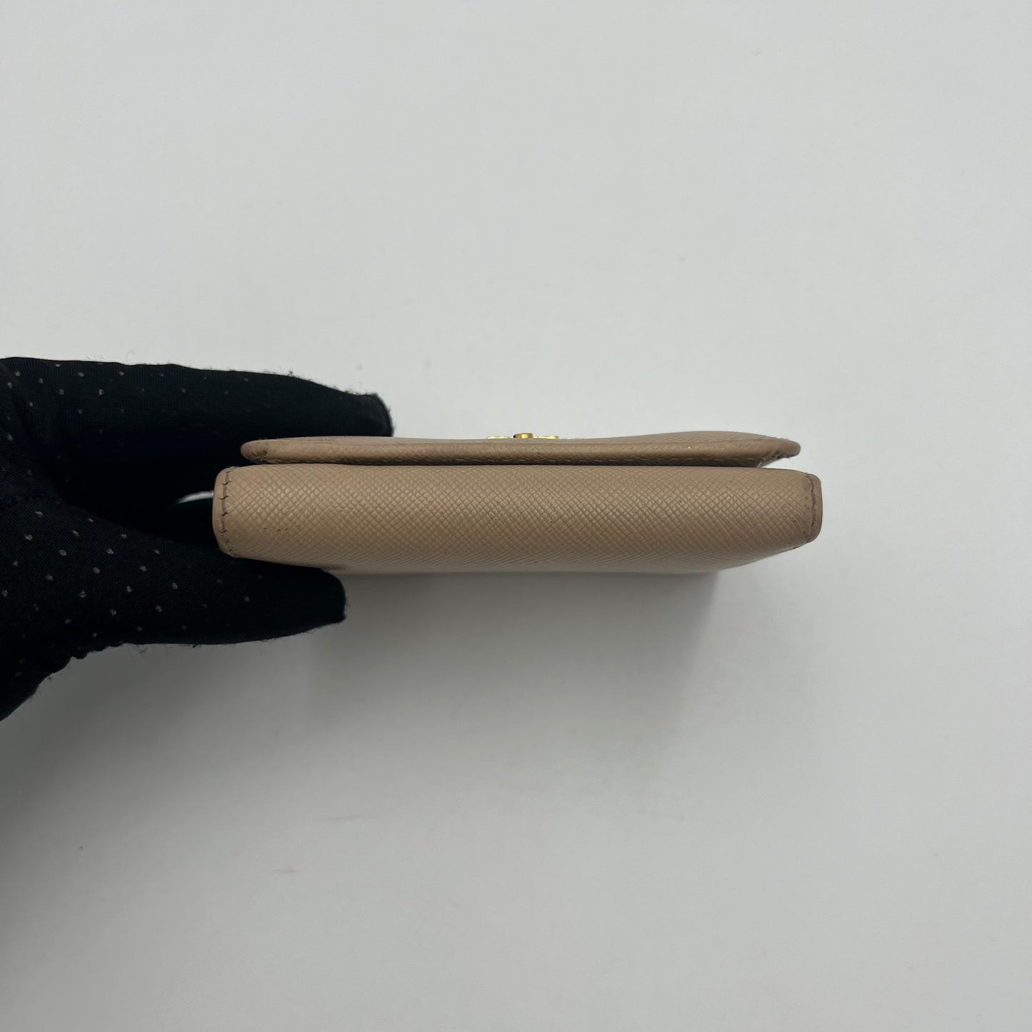 Prada Beige Saffiano Trifold Compact Wallet GHW