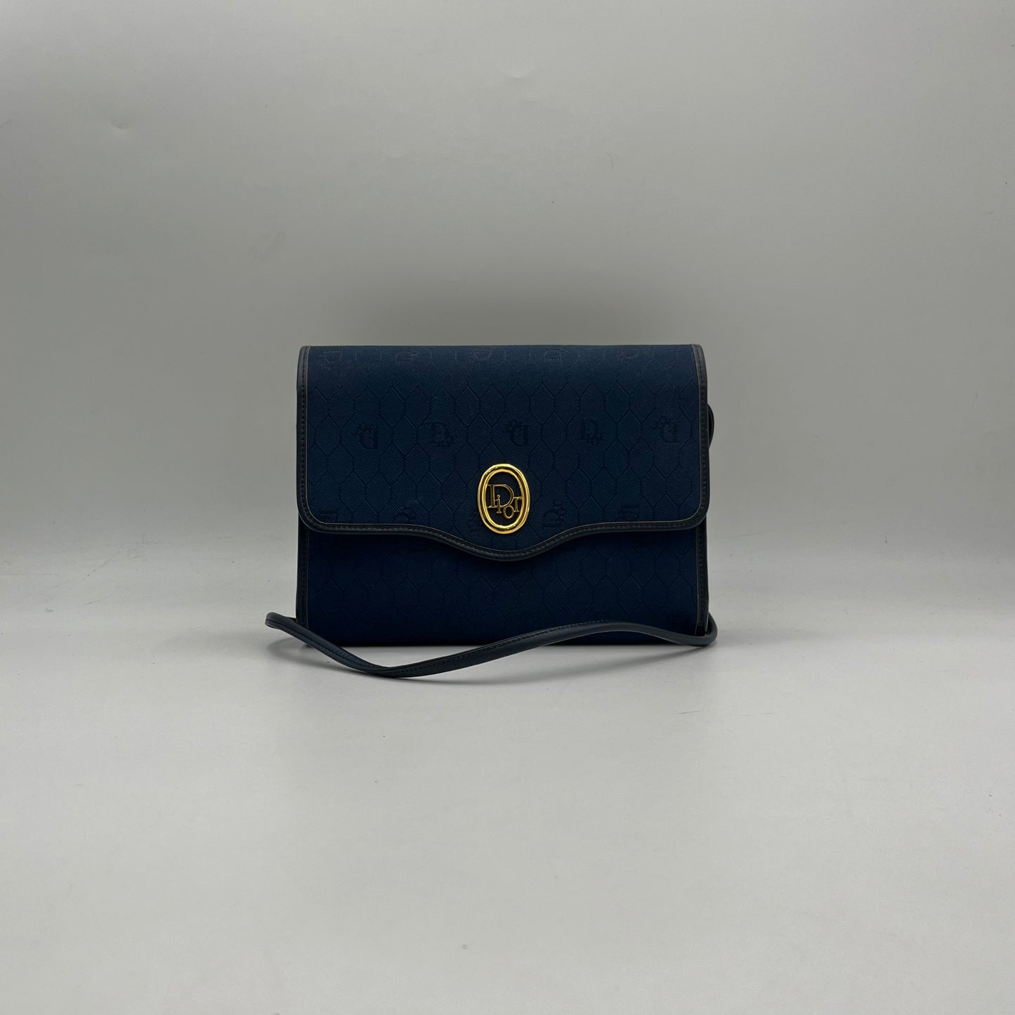 Christian Dior Dark Blue Honeycomb Canvas Black Leather Flap Crossbody