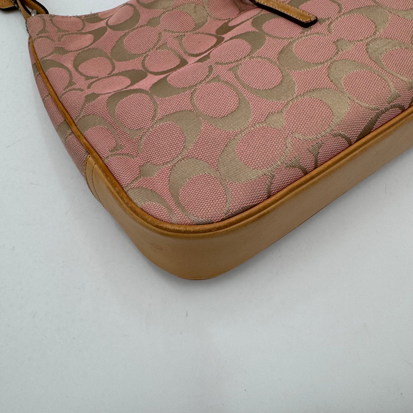 Coach Pink Signature Canvas and Brown Leather Hampton Clip Hobo Bag