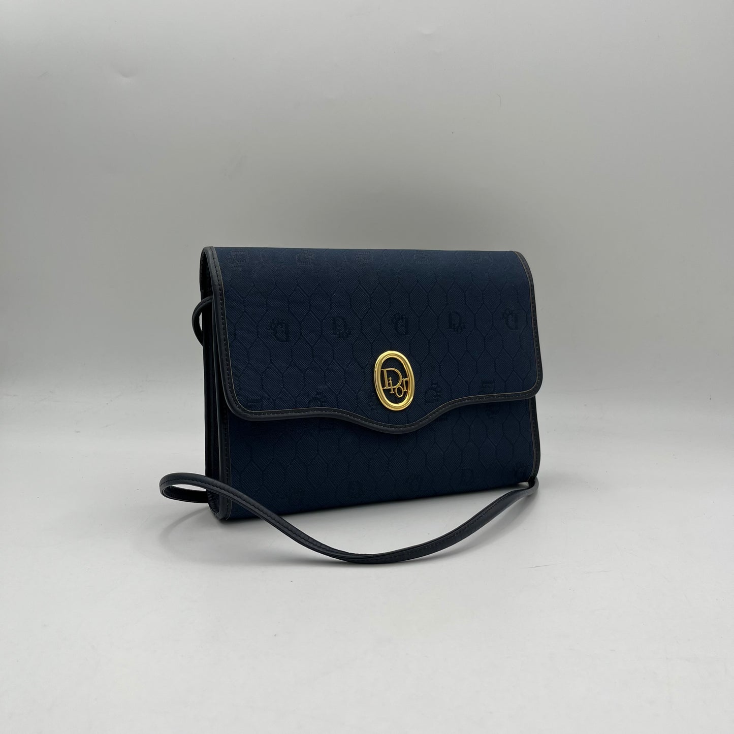 Christian Dior Dark Blue Honeycomb Canvas Black Leather Flap Crossbody