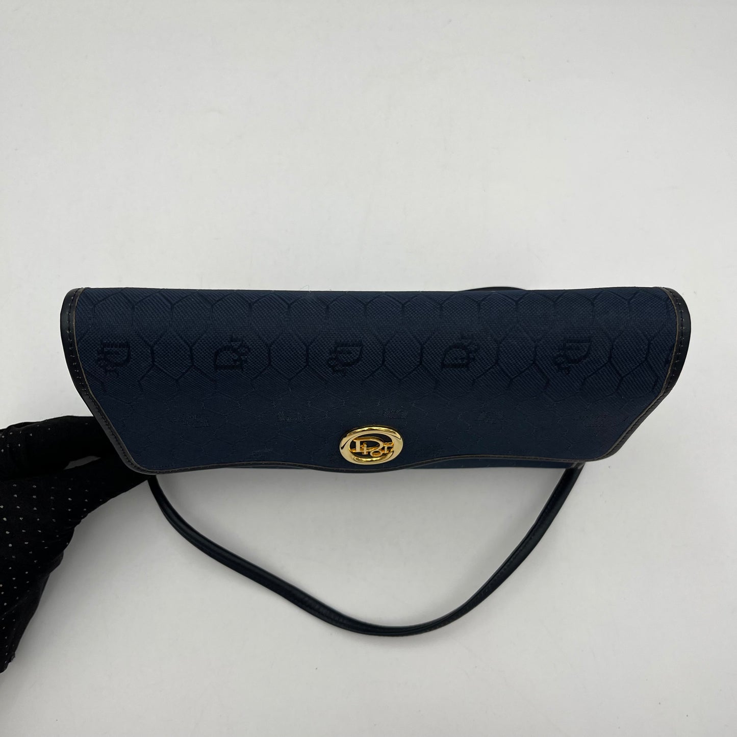 Christian Dior Dark Blue Honeycomb Canvas Black Leather Flap Crossbody