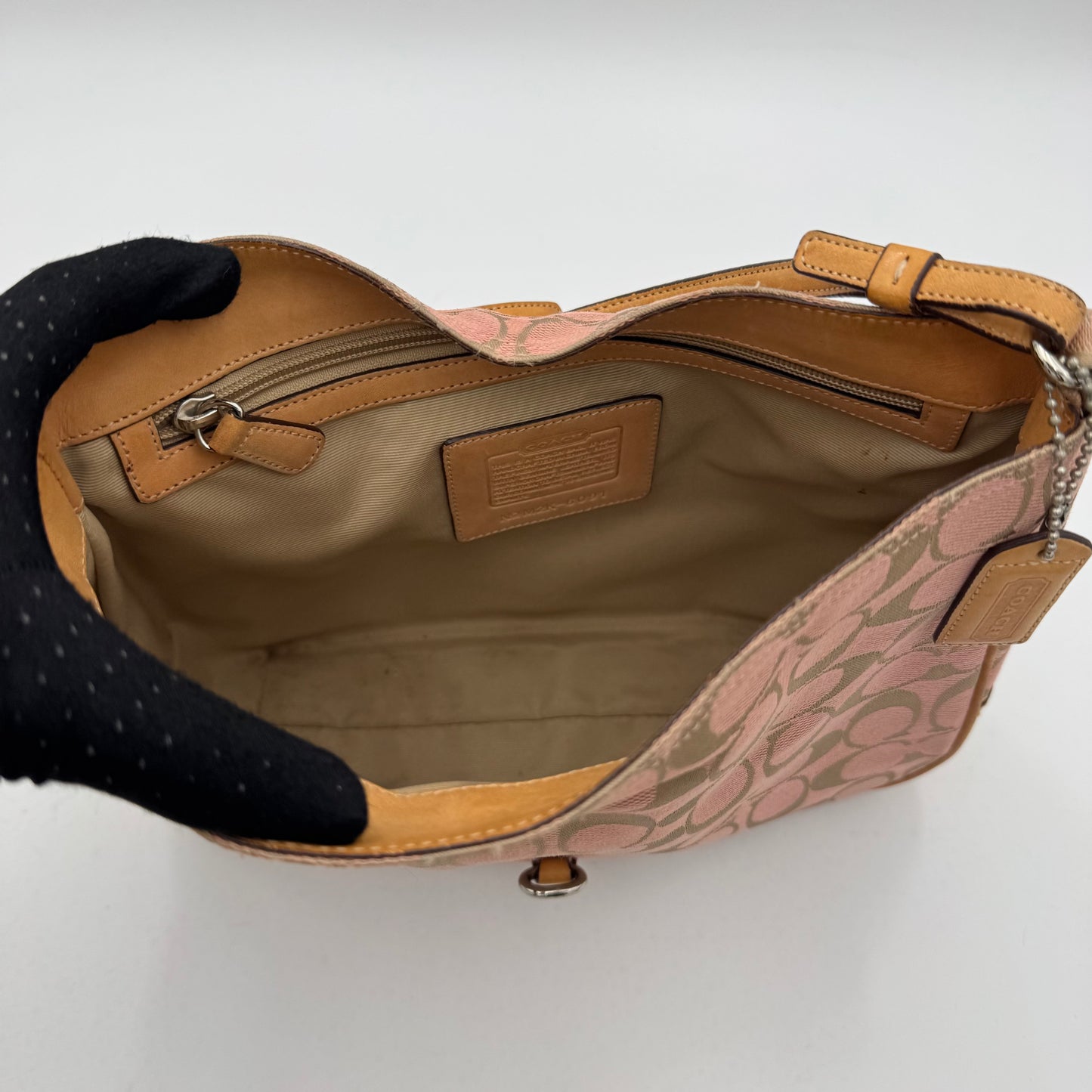 Coach Pink Signature Canvas and Brown Leather Hampton Clip Hobo Bag