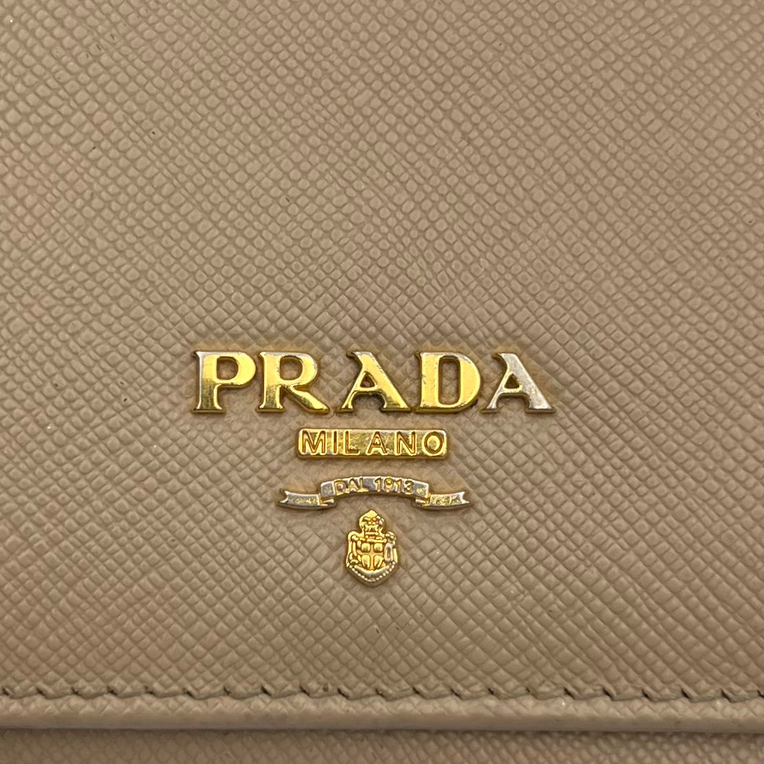 Prada Beige Saffiano Trifold Compact Wallet GHW