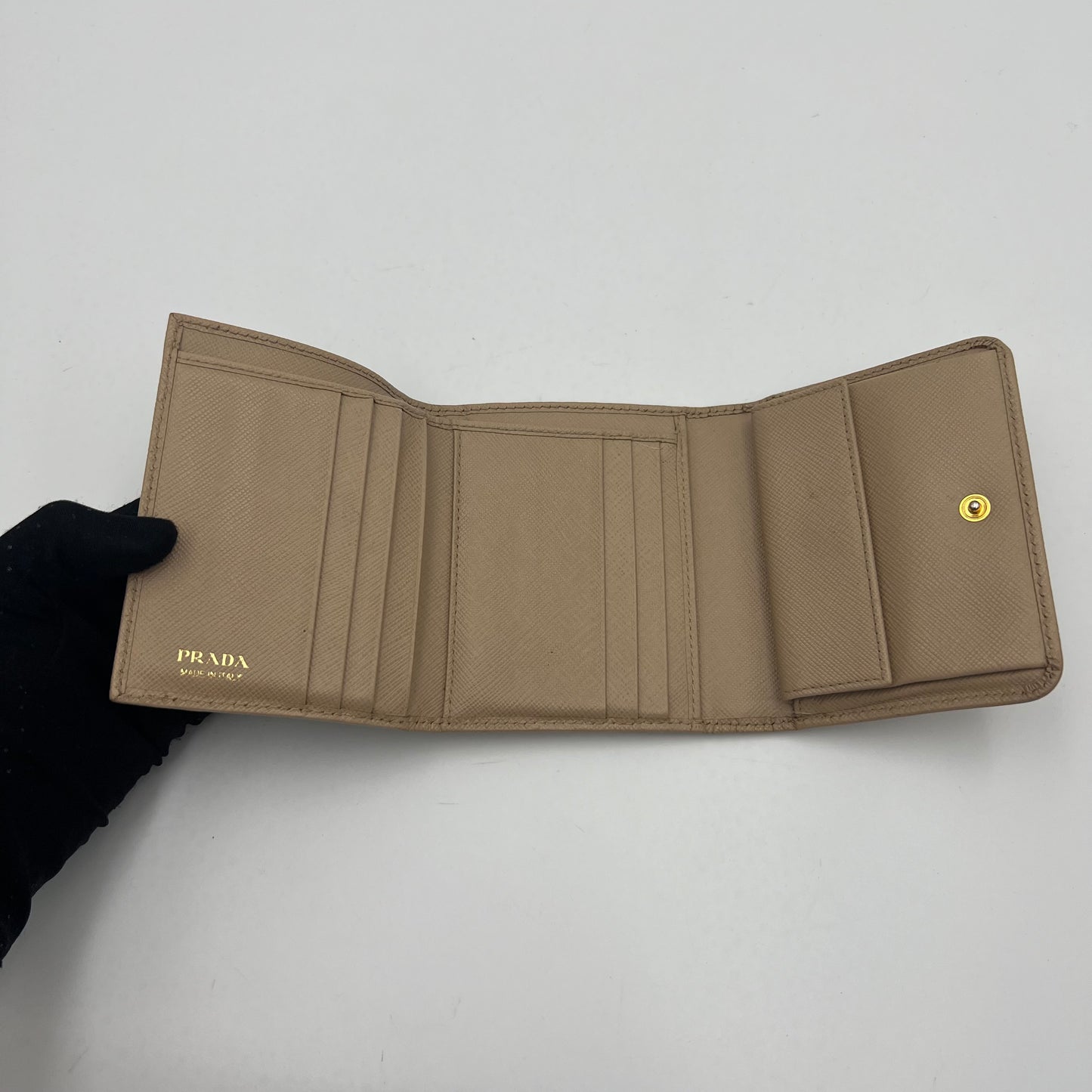 Prada Beige Saffiano Trifold Compact Wallet GHW