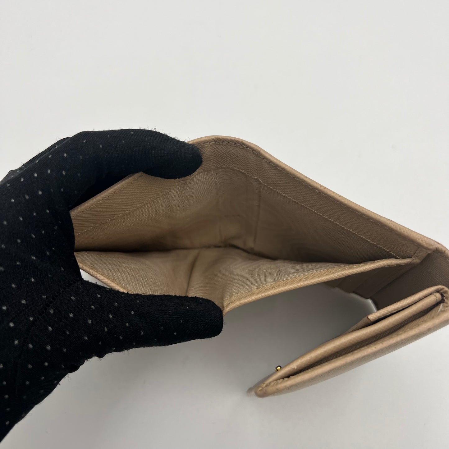 Prada Beige Saffiano Trifold Compact Wallet GHW