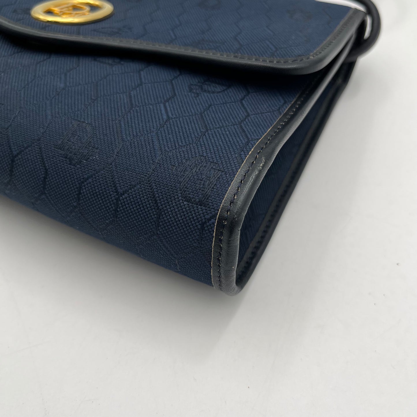 Christian Dior Dark Blue Honeycomb Canvas Black Leather Flap Crossbody