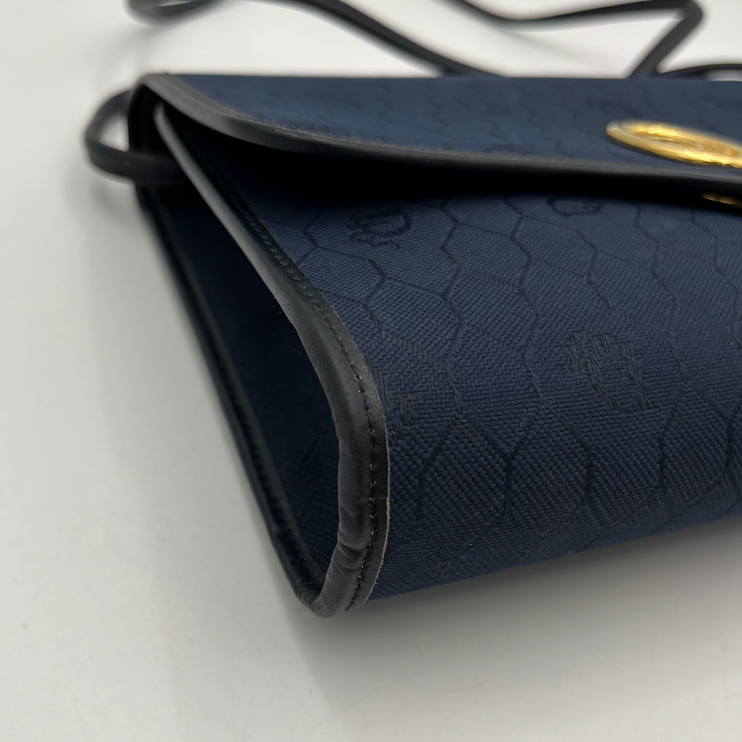 Christian Dior Dark Blue Honeycomb Canvas Black Leather Flap Crossbody