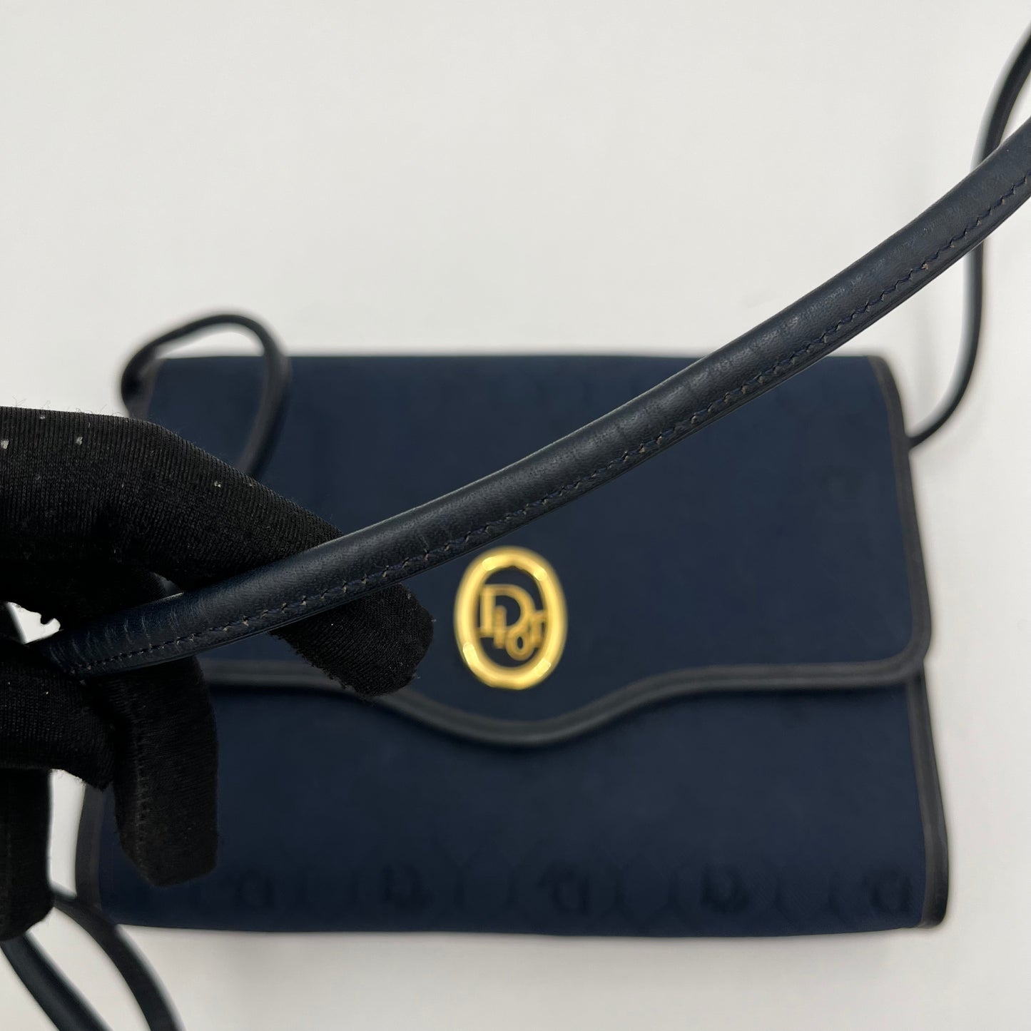 Christian Dior Dark Blue Honeycomb Canvas Black Leather Flap Crossbody