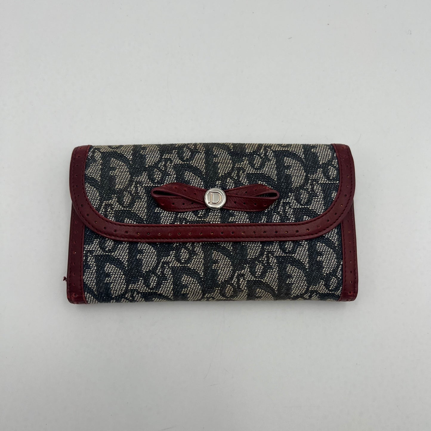 Christian Dior Blue Oblique Canvas Burgundy Leather Bow Flap Long Wallet