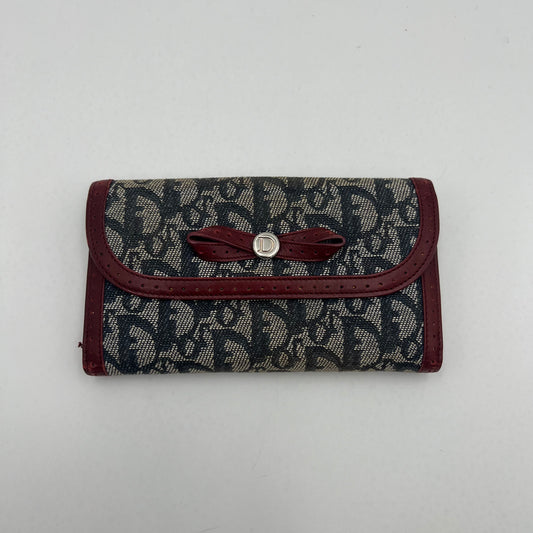 Christian Dior Blue Oblique Canvas Burgundy Leather Bow Flap Long Wallet