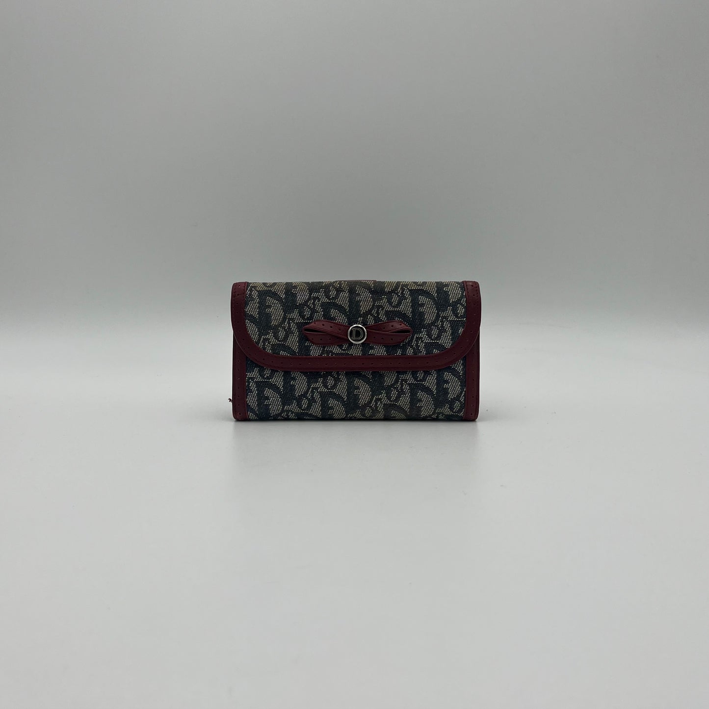 Christian Dior Blue Oblique Canvas Burgundy Leather Bow Flap Long Wallet