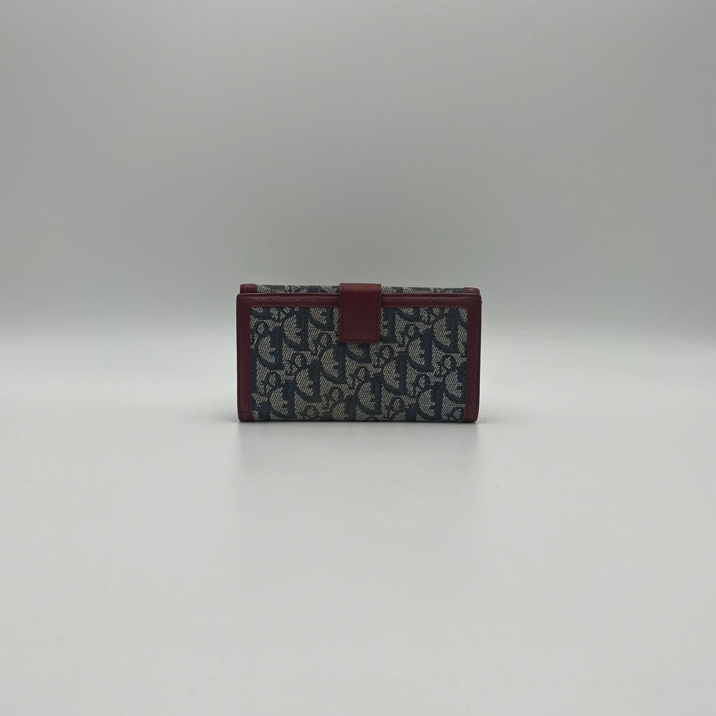 Christian Dior Blue Oblique Canvas Burgundy Leather Bow Flap Long Wallet