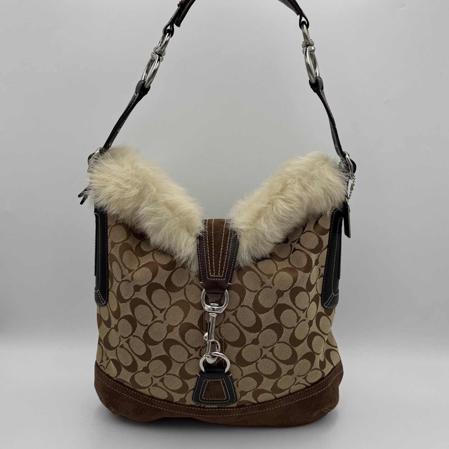 Coach Brown Signature Canvas and Suede Fur Trim Hobo Shoulder Bag