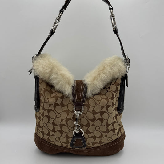 Coach Brown Signature Canvas and Suede Fur Trim Hobo Shoulder Bag