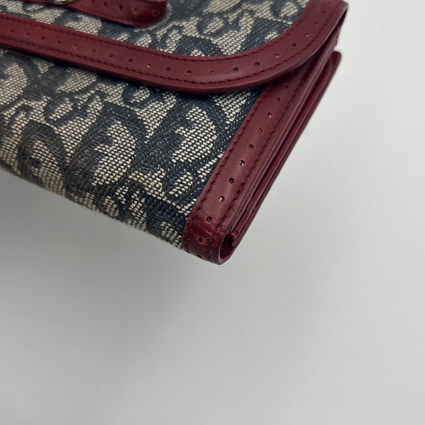 Christian Dior Blue Oblique Canvas Burgundy Leather Bow Flap Long Wallet