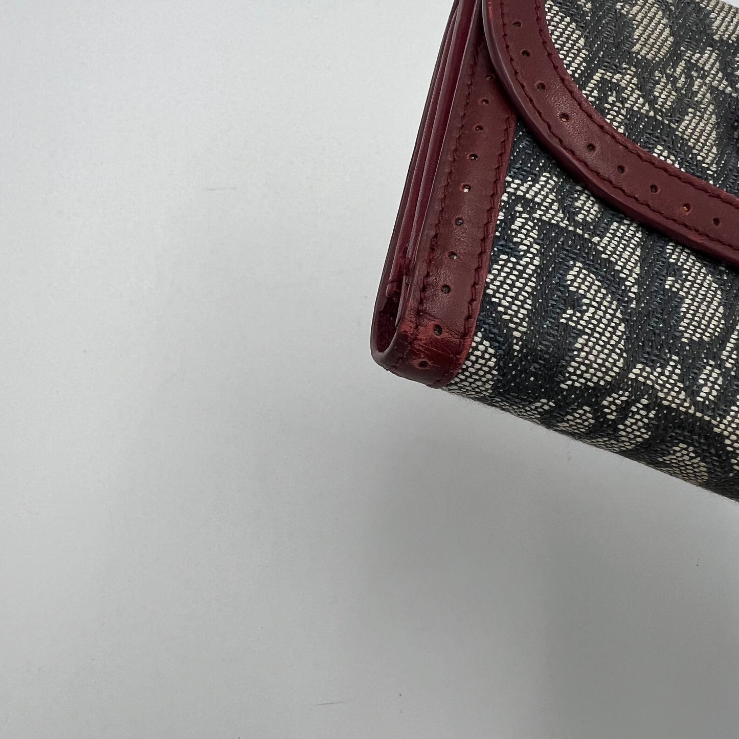Christian Dior Blue Oblique Canvas Burgundy Leather Bow Flap Long Wallet