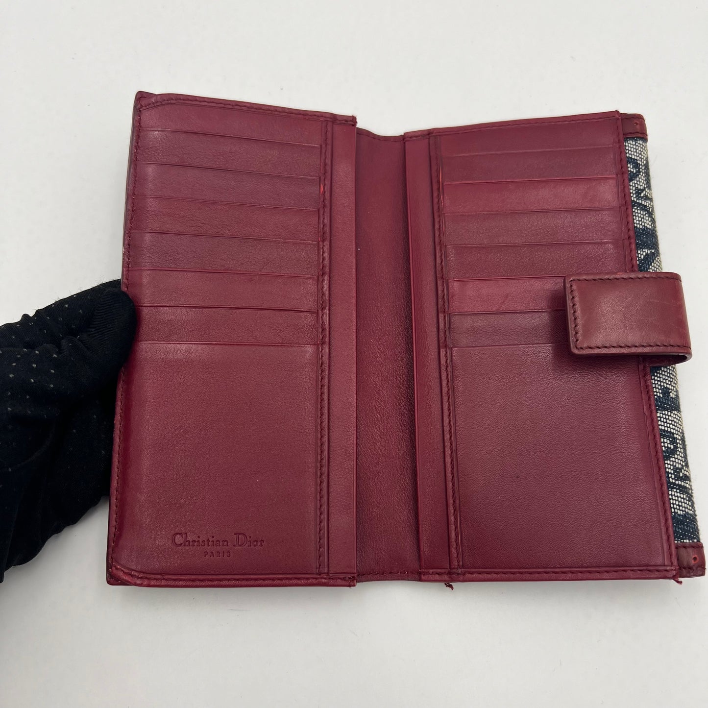 Christian Dior Blue Oblique Canvas Burgundy Leather Bow Flap Long Wallet