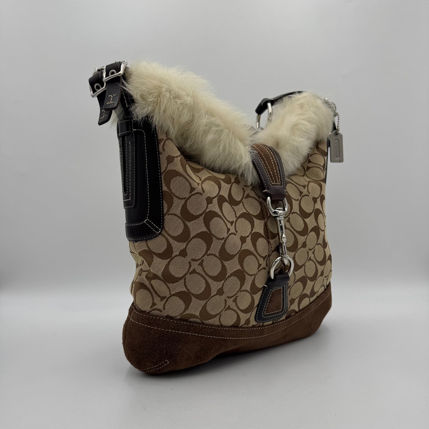 Coach Brown Signature Canvas and Suede Fur Trim Hobo Shoulder Bag