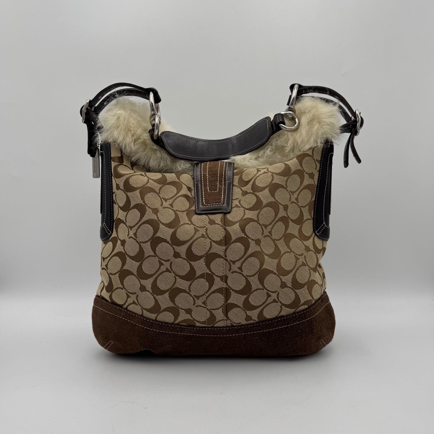 Coach Brown Signature Canvas and Suede Fur Trim Hobo Shoulder Bag
