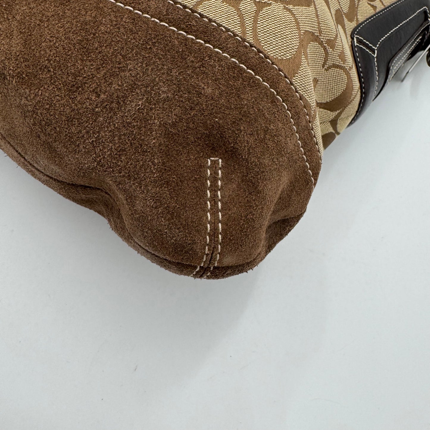 Coach Brown Signature Canvas and Suede Fur Trim Hobo Shoulder Bag