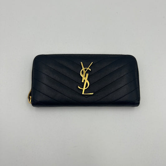 YSL Black Leather Cassandre Zip Around Long Wallet GHW