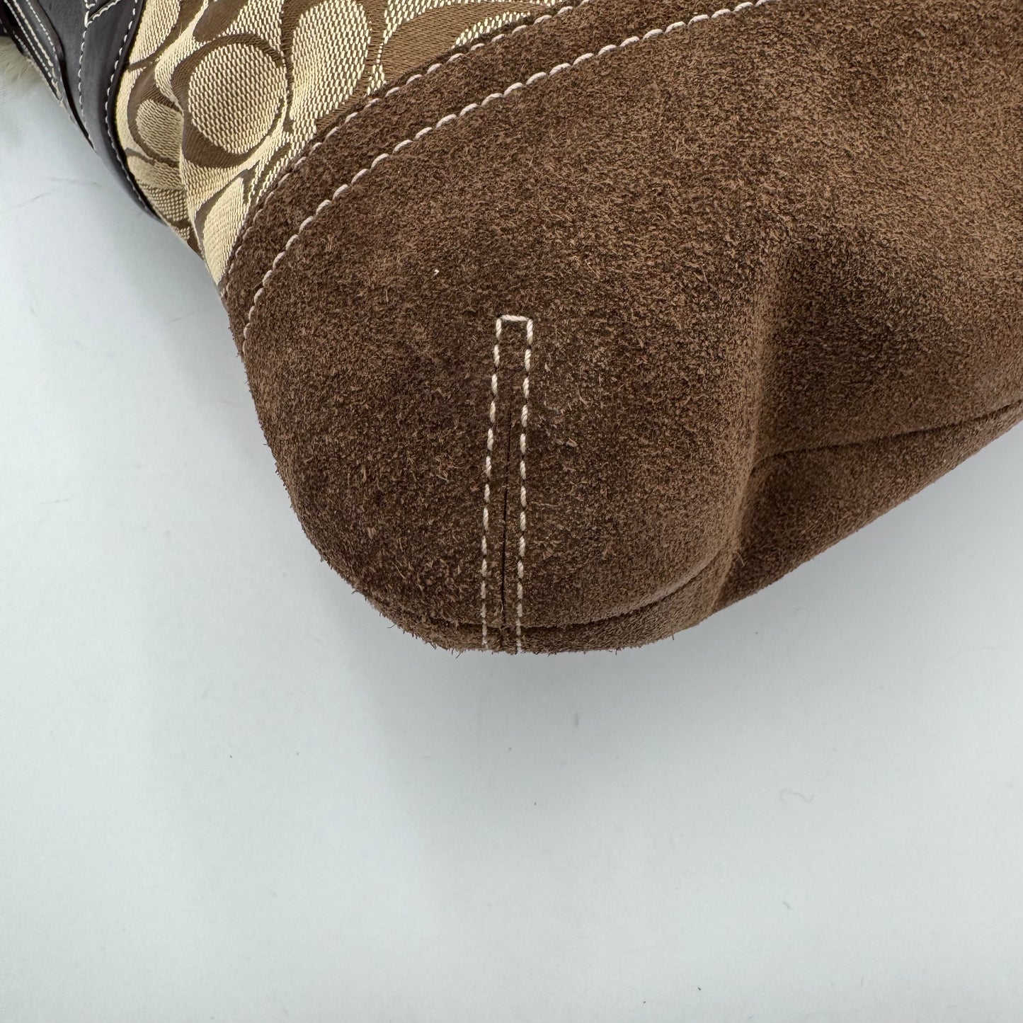Coach Brown Signature Canvas and Suede Fur Trim Hobo Shoulder Bag