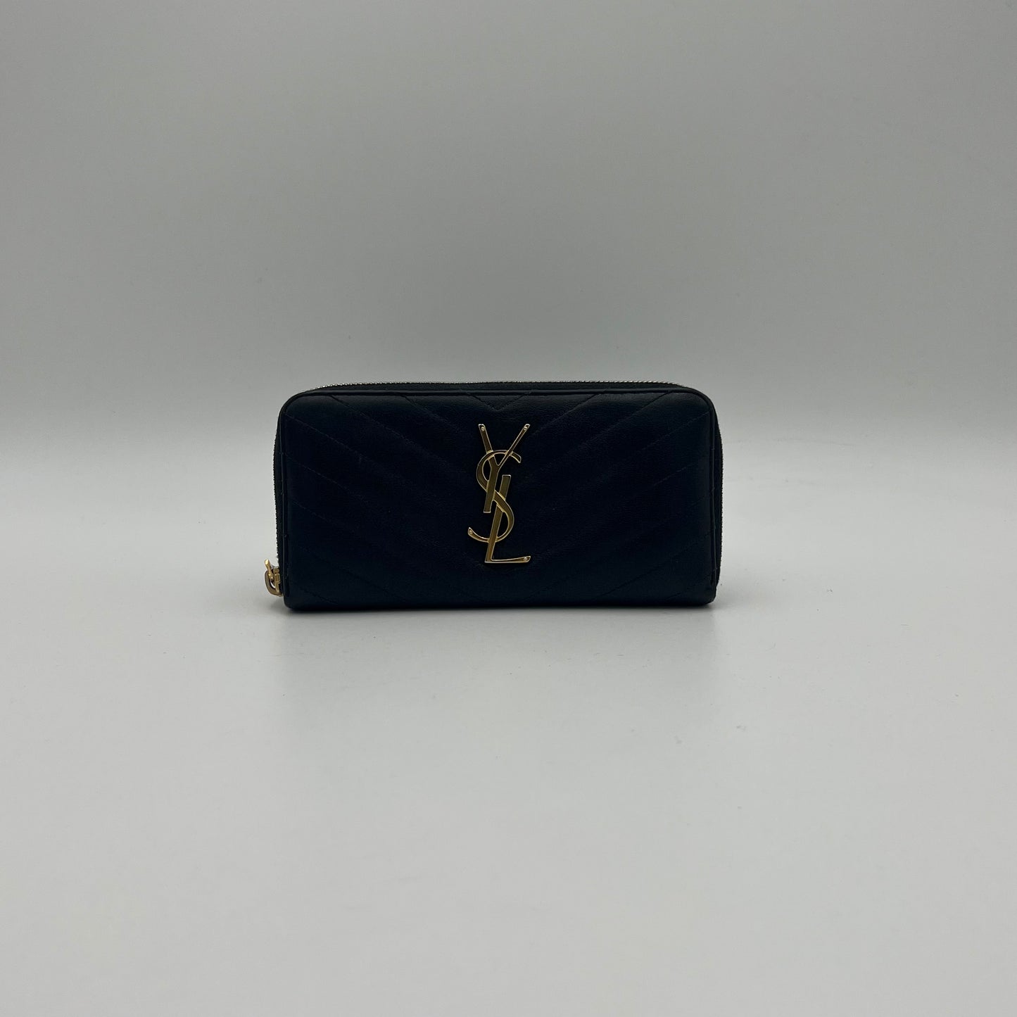 YSL Black Leather Cassandre Zip Around Long Wallet GHW