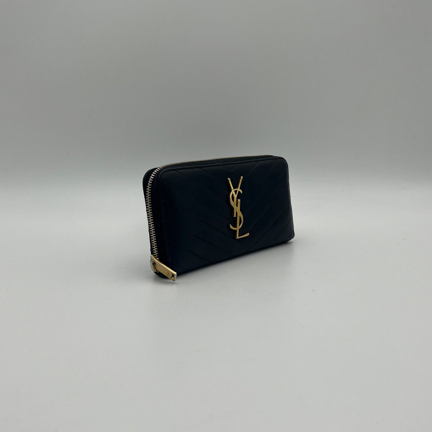 YSL Black Leather Cassandre Zip Around Long Wallet GHW