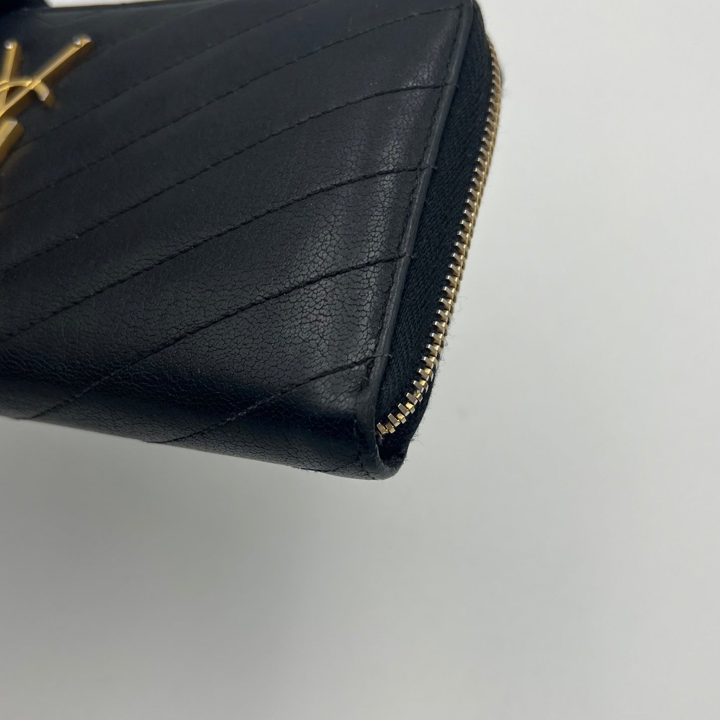 YSL Black Leather Cassandre Zip Around Long Wallet GHW