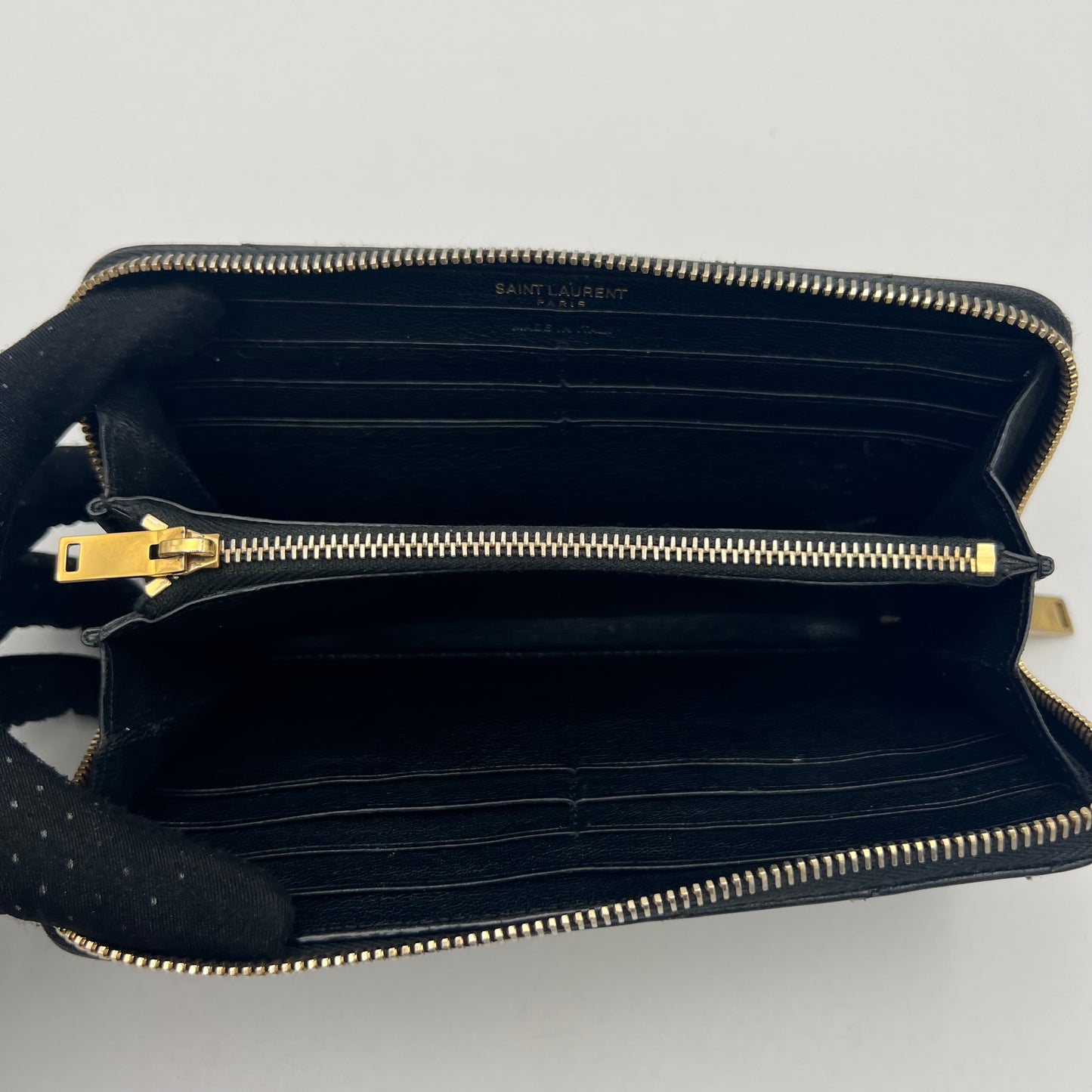 YSL Black Leather Cassandre Zip Around Long Wallet GHW