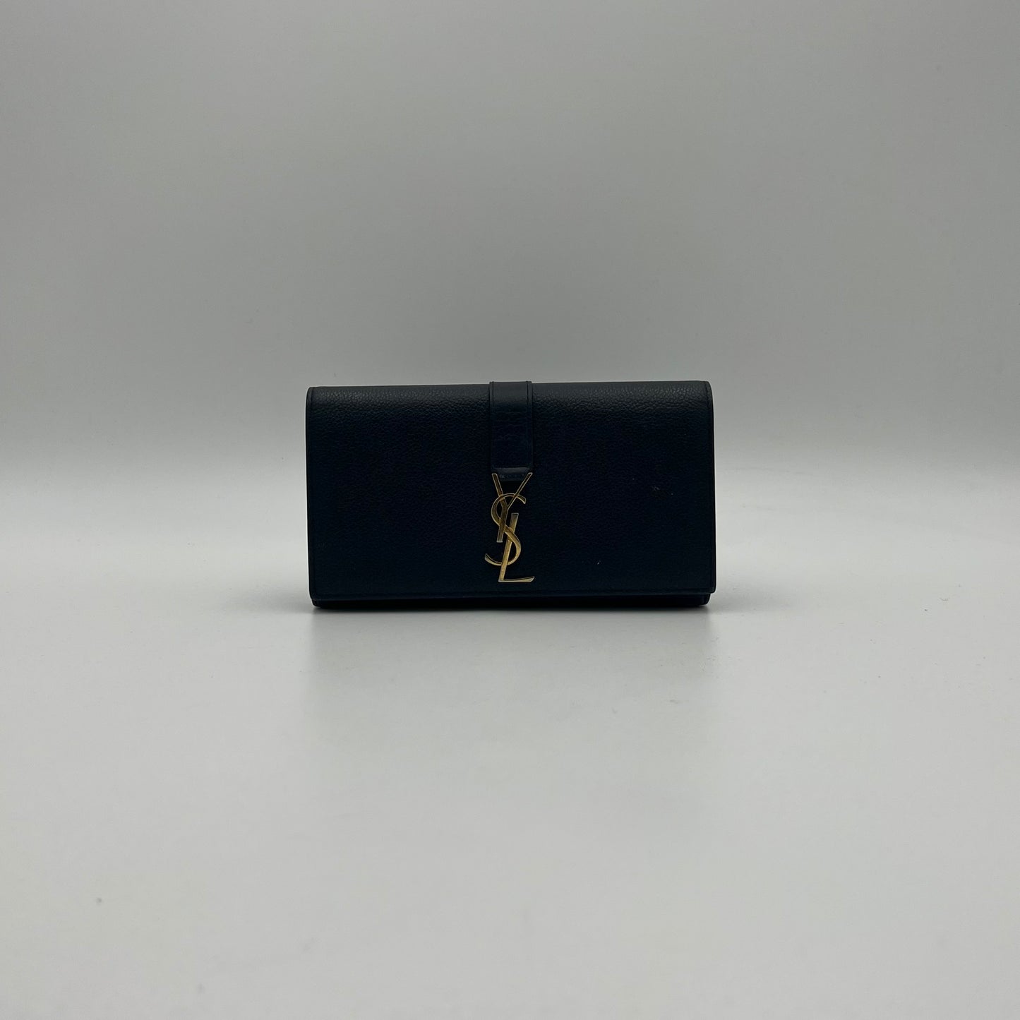 YSL Black Grained Leather Large Flap Long Wallet GHW