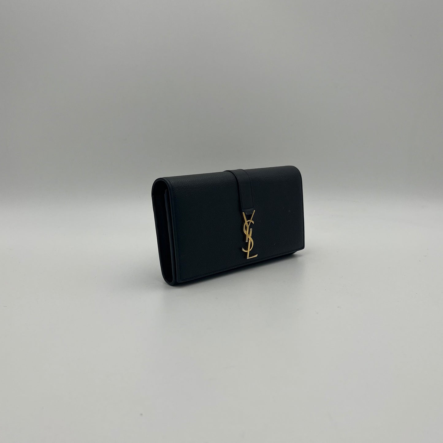 YSL Black Grained Leather Large Flap Long Wallet GHW