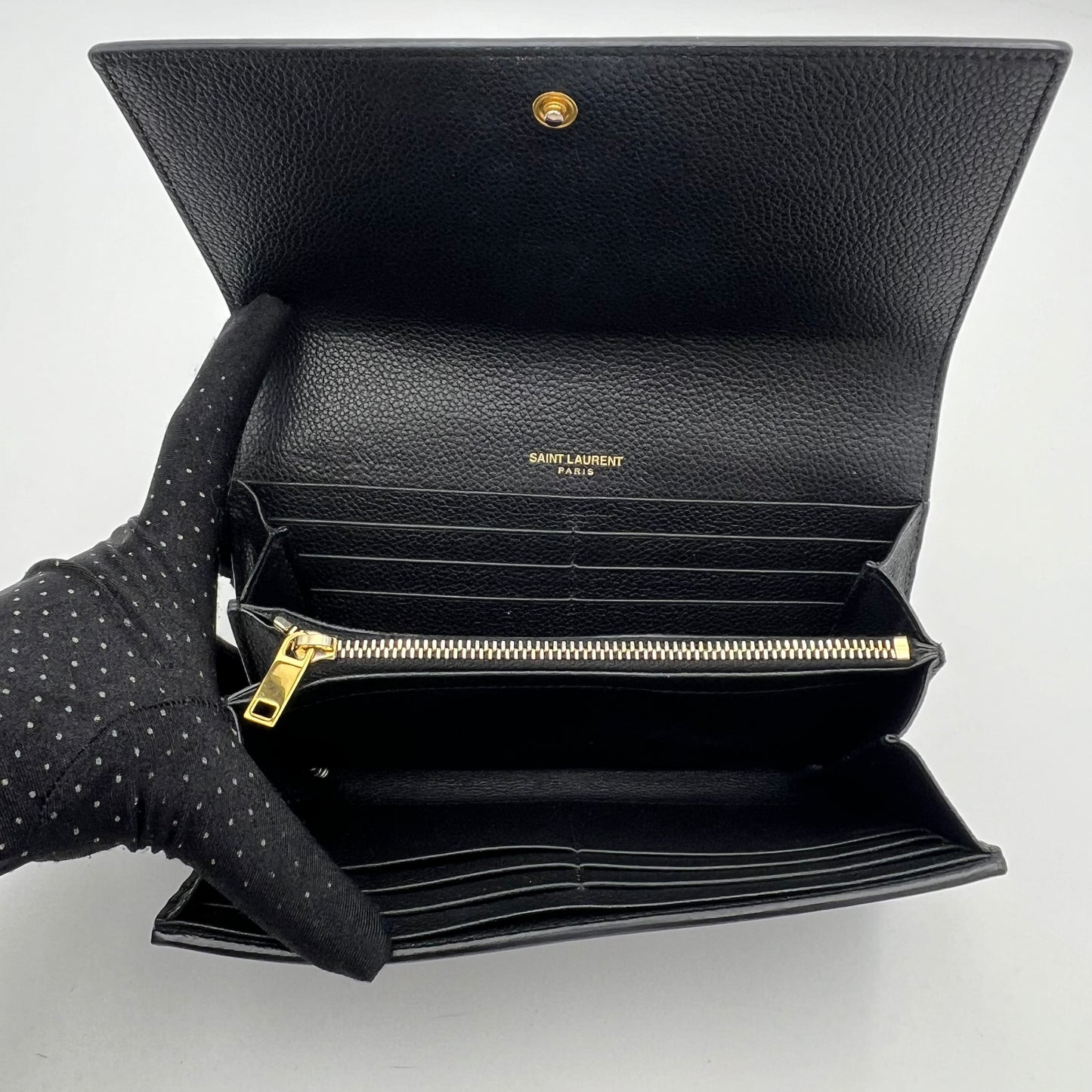 YSL Black Grained Leather Large Flap Long Wallet GHW