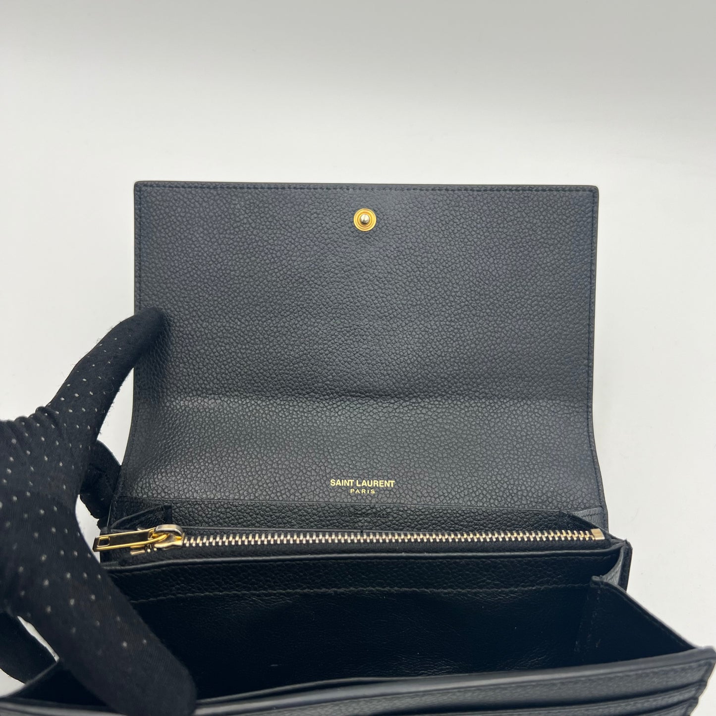 YSL Black Grained Leather Large Flap Long Wallet GHW