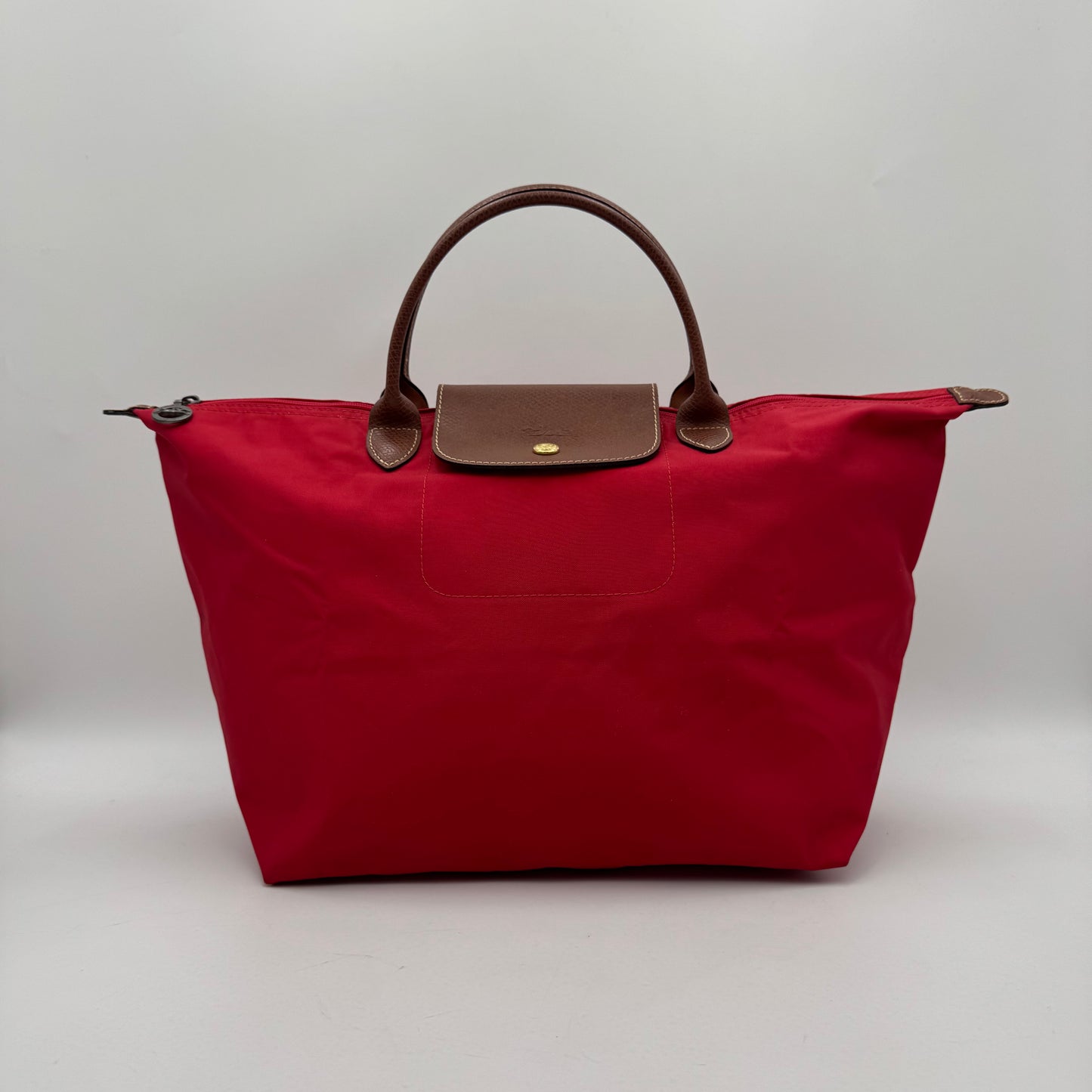 Longchamp Red Nylon Brown Leather Type M Le Pliage