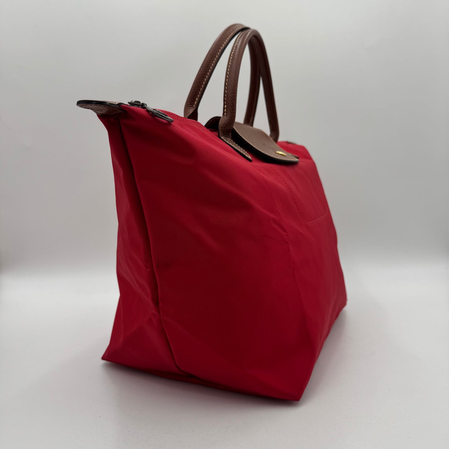 Longchamp Red Nylon Brown Leather Type M Le Pliage