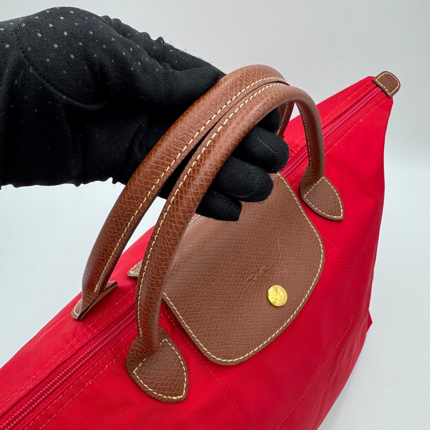 Longchamp Red Nylon Brown Leather Type M Le Pliage