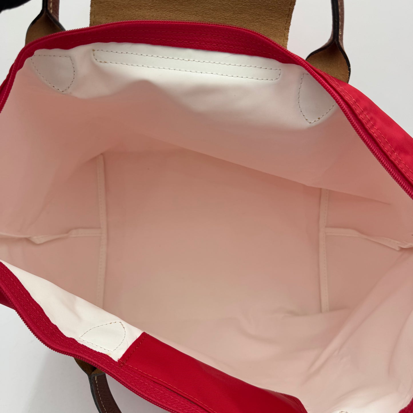 Longchamp Red Nylon Brown Leather Type M Le Pliage